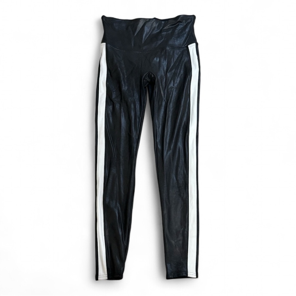 SPANX Faux Leather Leggings Tummy Control With Side Stripe Size L Tuxedo Pants - Picture 9 of 12